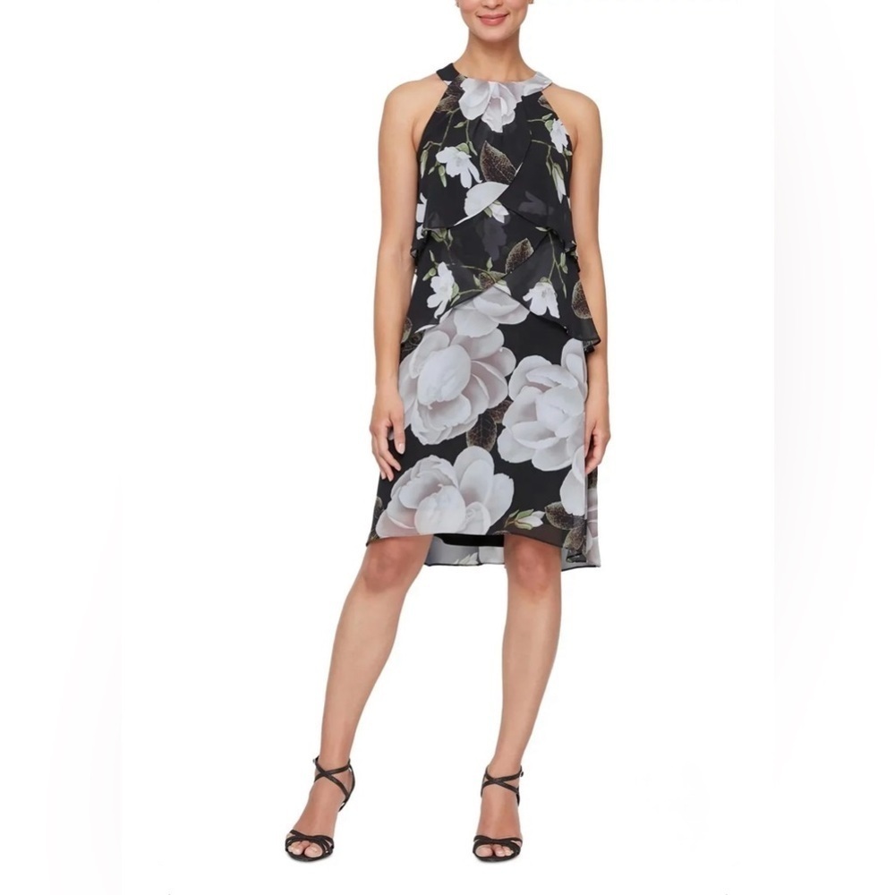 NWT SLNY Magnolia Print Overlay Halter Dress Size 12